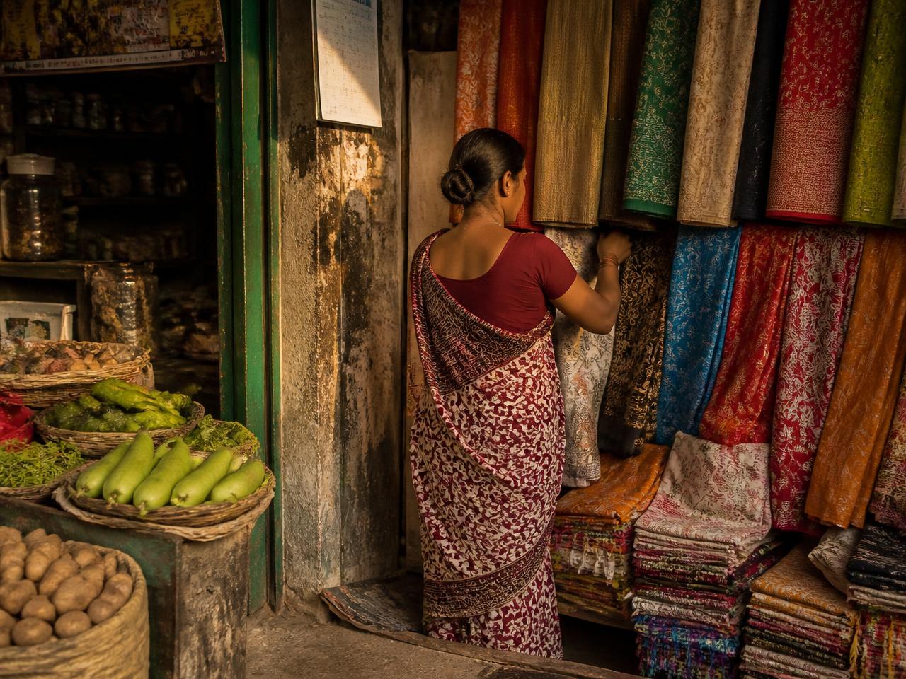 A woman arranging fabrics at her small market stall in warm afternoon light