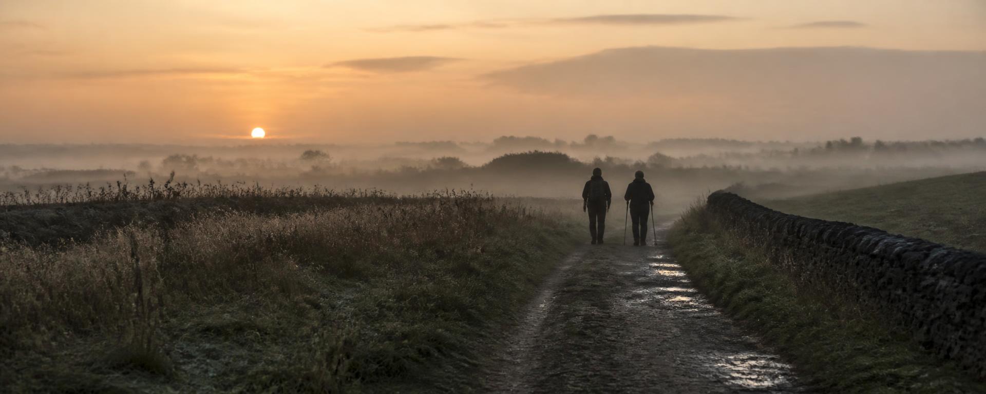 Two figures walking a rural path at dawn through low mist