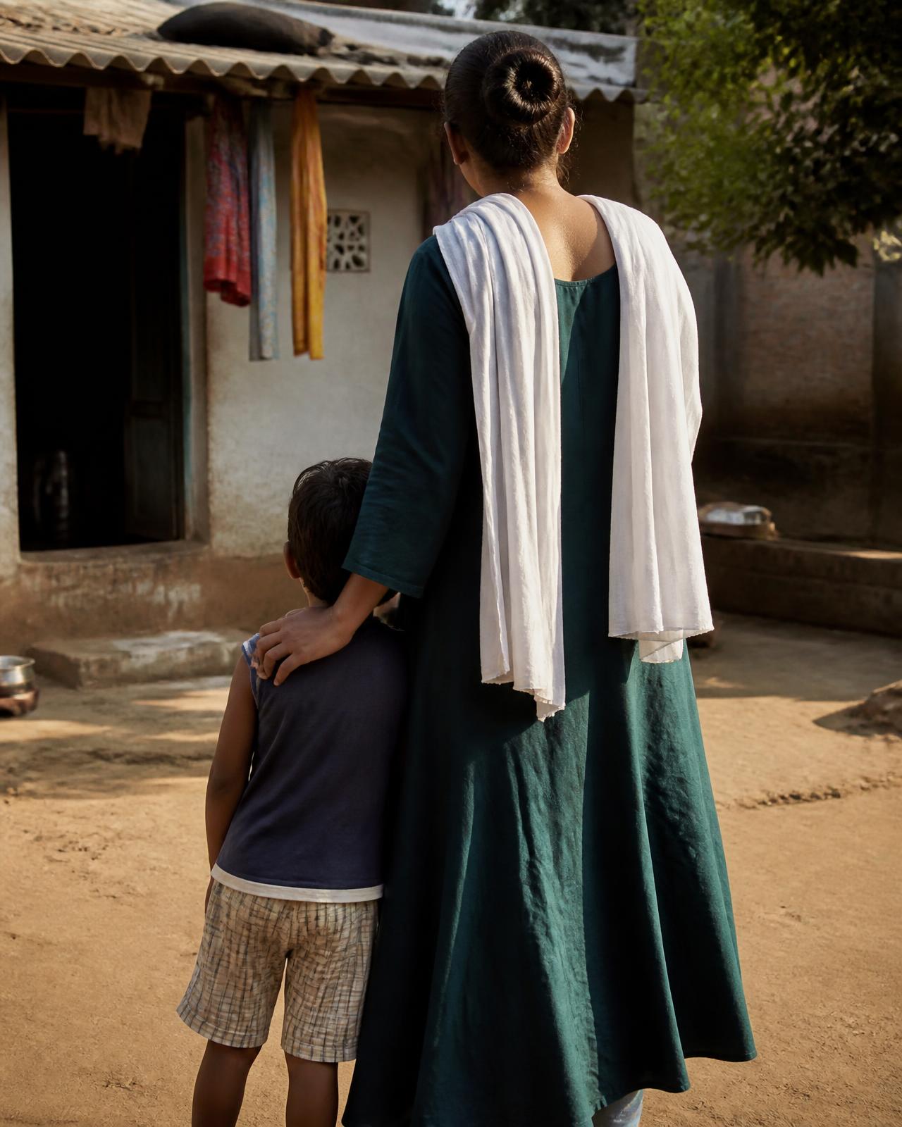 A woman and a young child standing together outside their home in afternoon light
